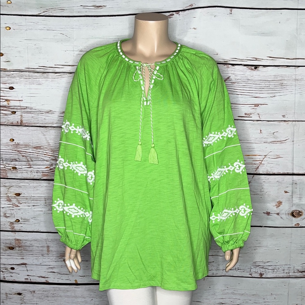 Belle Beach by Kim Gravel 4X Green - Santorini Fantasy Embroidered Peasant Shirt